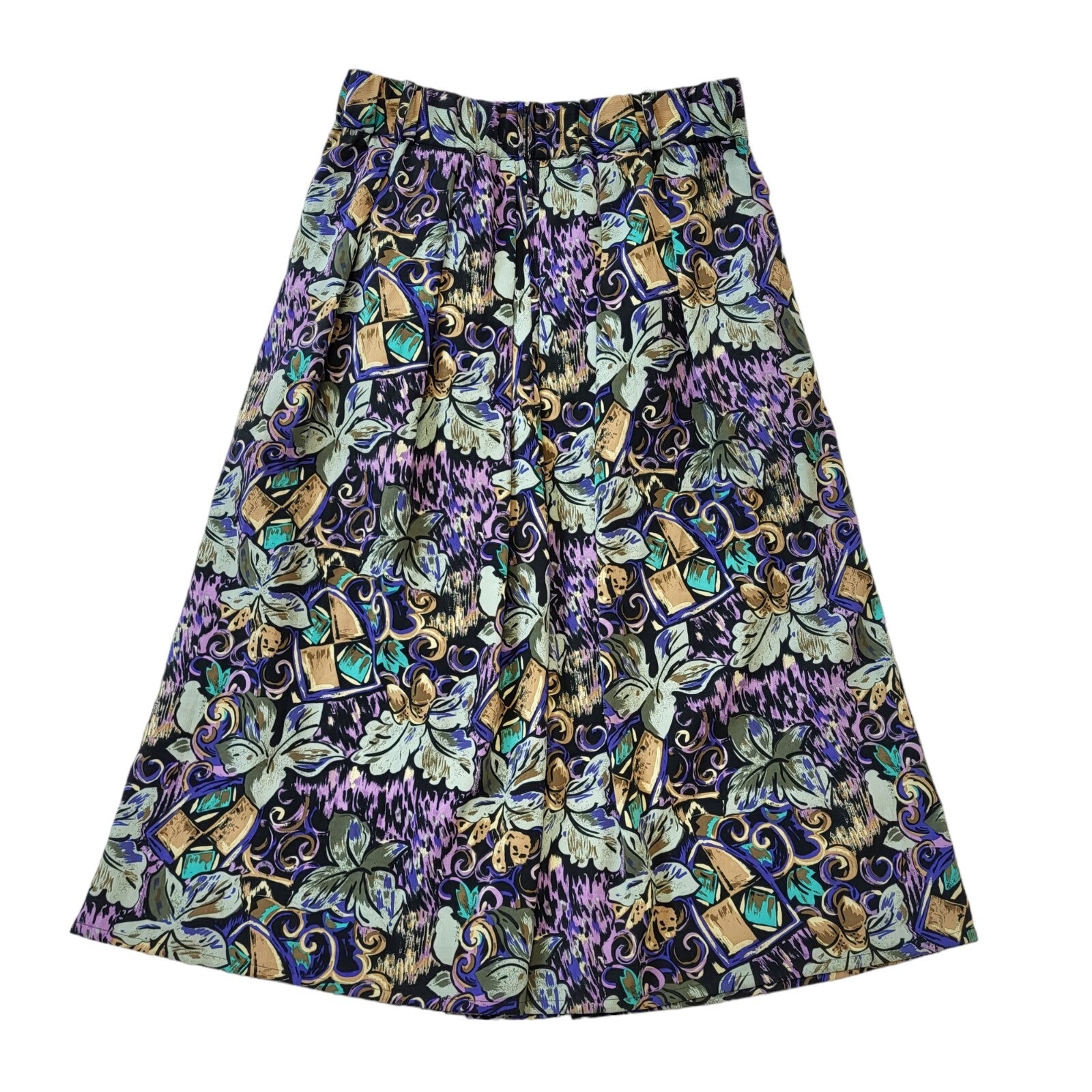 80's Vintage New Fast Purple & Green Floral Midi Skirt Women's Size 14 EU 42 W32