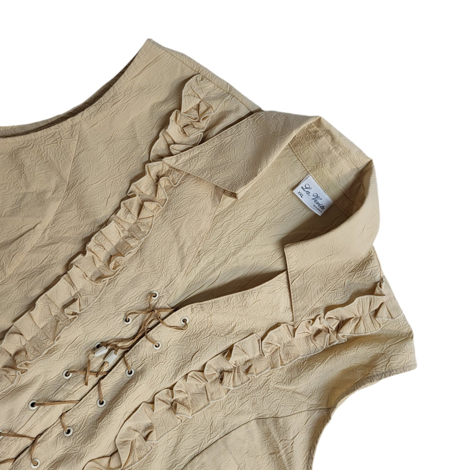 La Verite Beige Lace Up Ruffle Sleeveless Top 90's Women's UK Size XXL