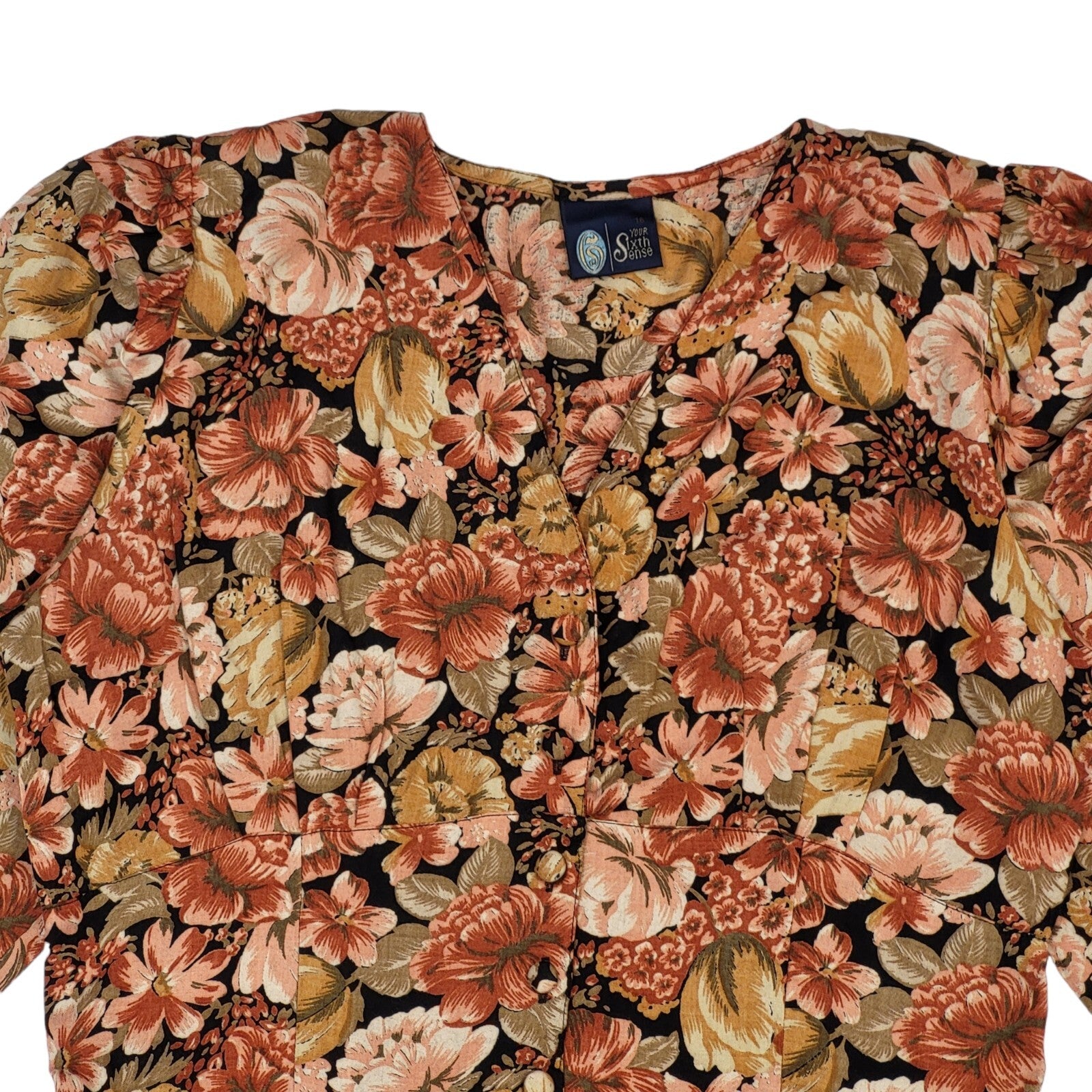 90s Vintage Sixth Sense Brown Floral Print Pleated Daywear Dress Women's Size 16