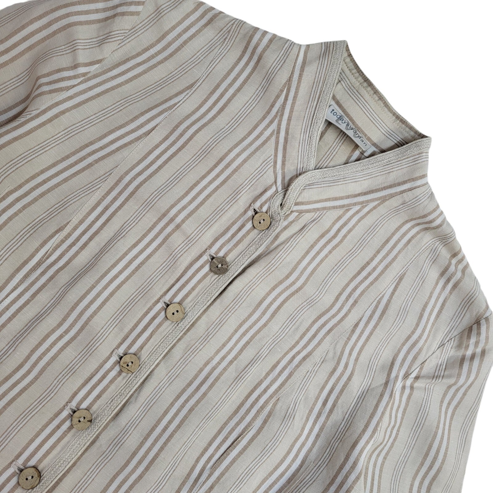 Today Woman 90s Beige Striped Long Sleeve Shirt Uk Women's Size 12