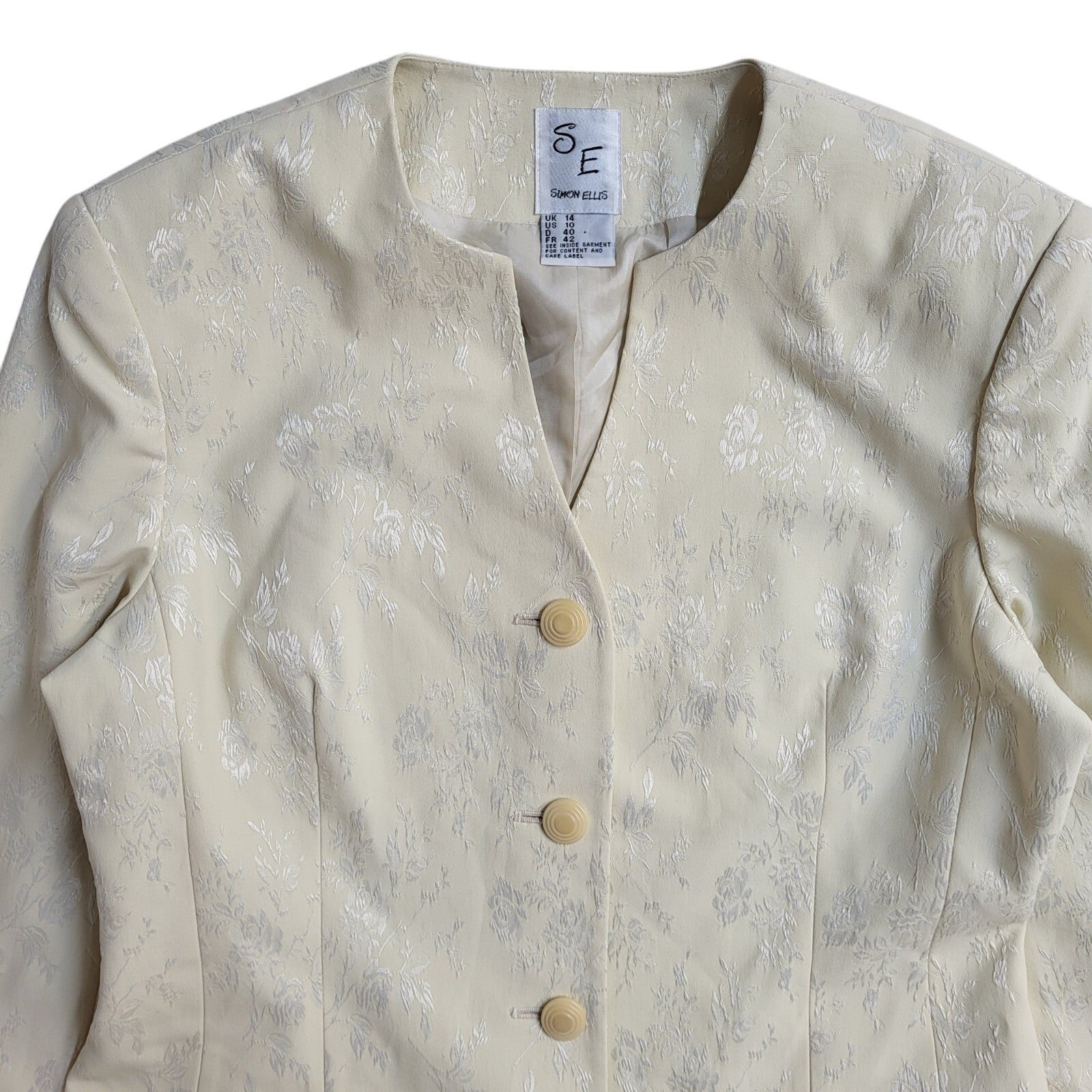 Simon Ellis Vintage 90s Cream Floral Button Coat UK Women's Size 14