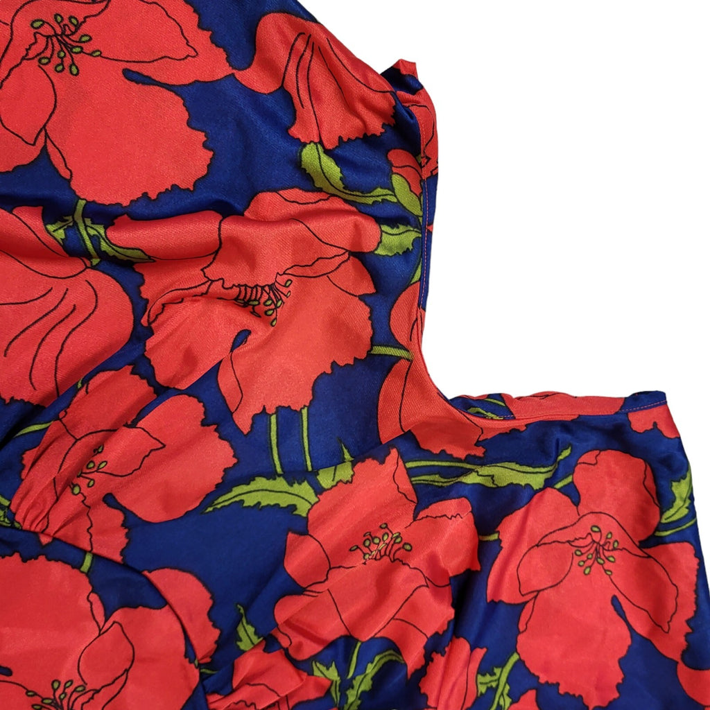 70s Vintage Red & Blue  Floral Flutter Sleeve Maxi Dress Women's 8