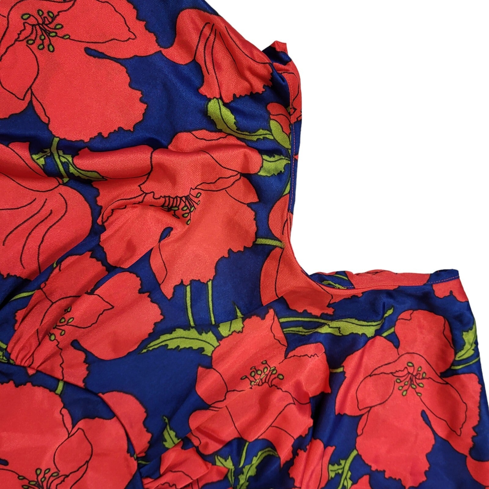 70s Vintage Red & Blue  Floral Flutter Sleeve Maxi Dress Women's 8