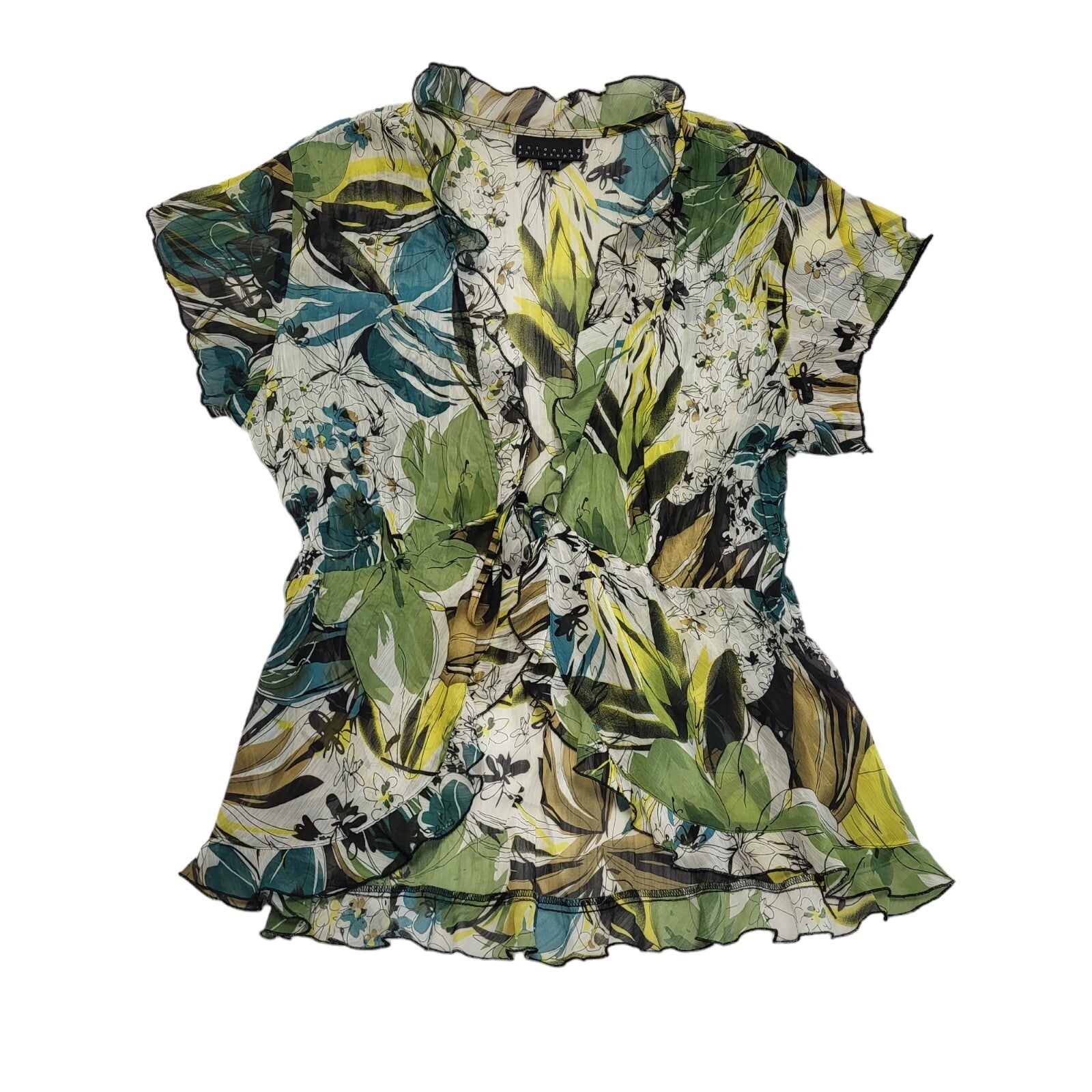 Antonino Philosophy Y2K semi sheer blouse with lettuce hem details Women's Uk 12