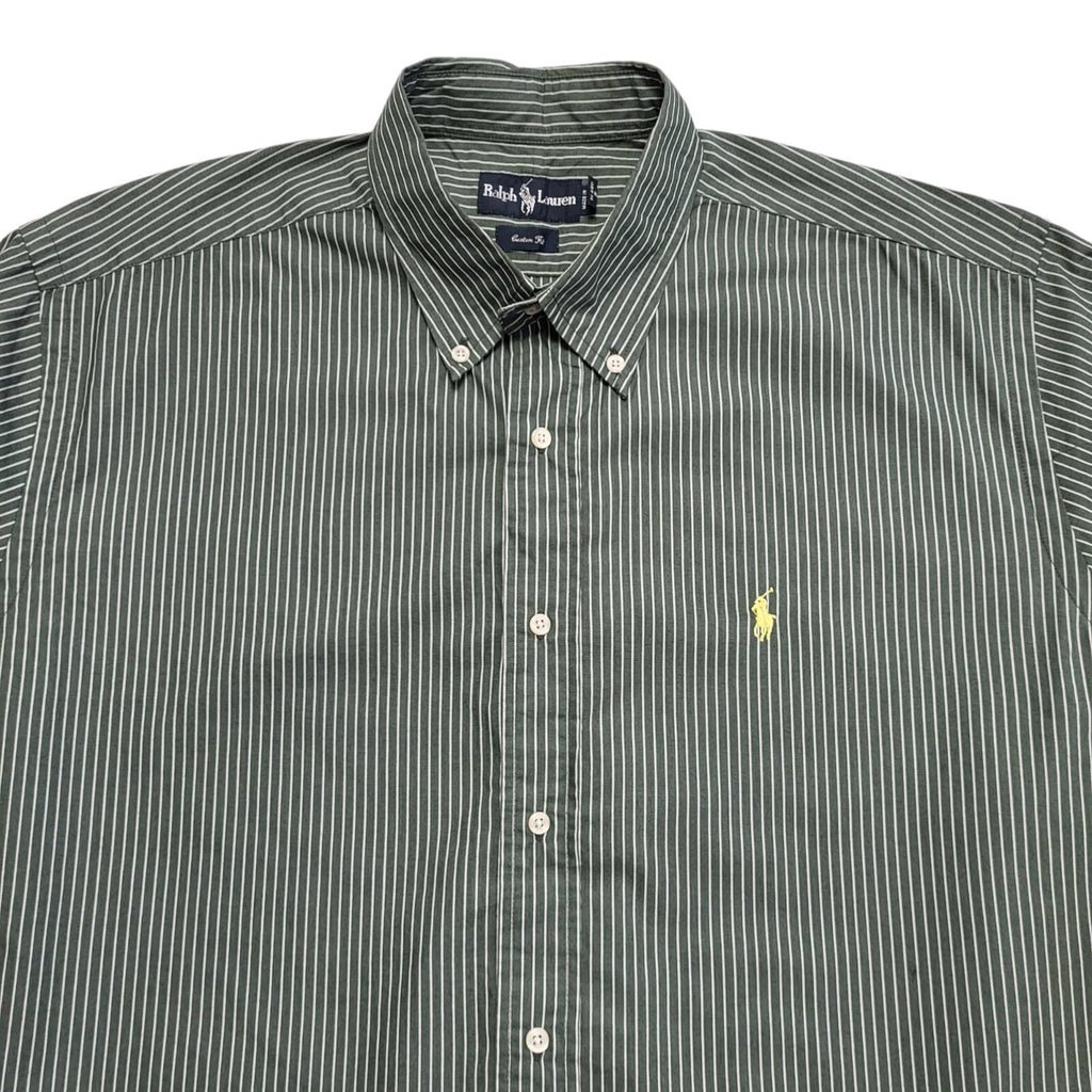Ralph Lauren 90's Vintage Green Striped Long Sleeve Shirt Mens UK Size XL
