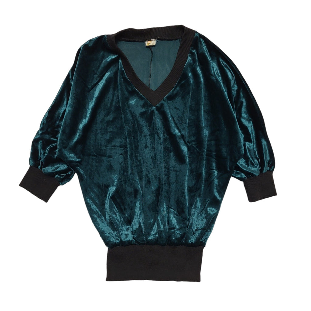 Shelana Vintage 80's Green Velour V-Neck 3/4 Sleeve Batwing Top Womens UK 14