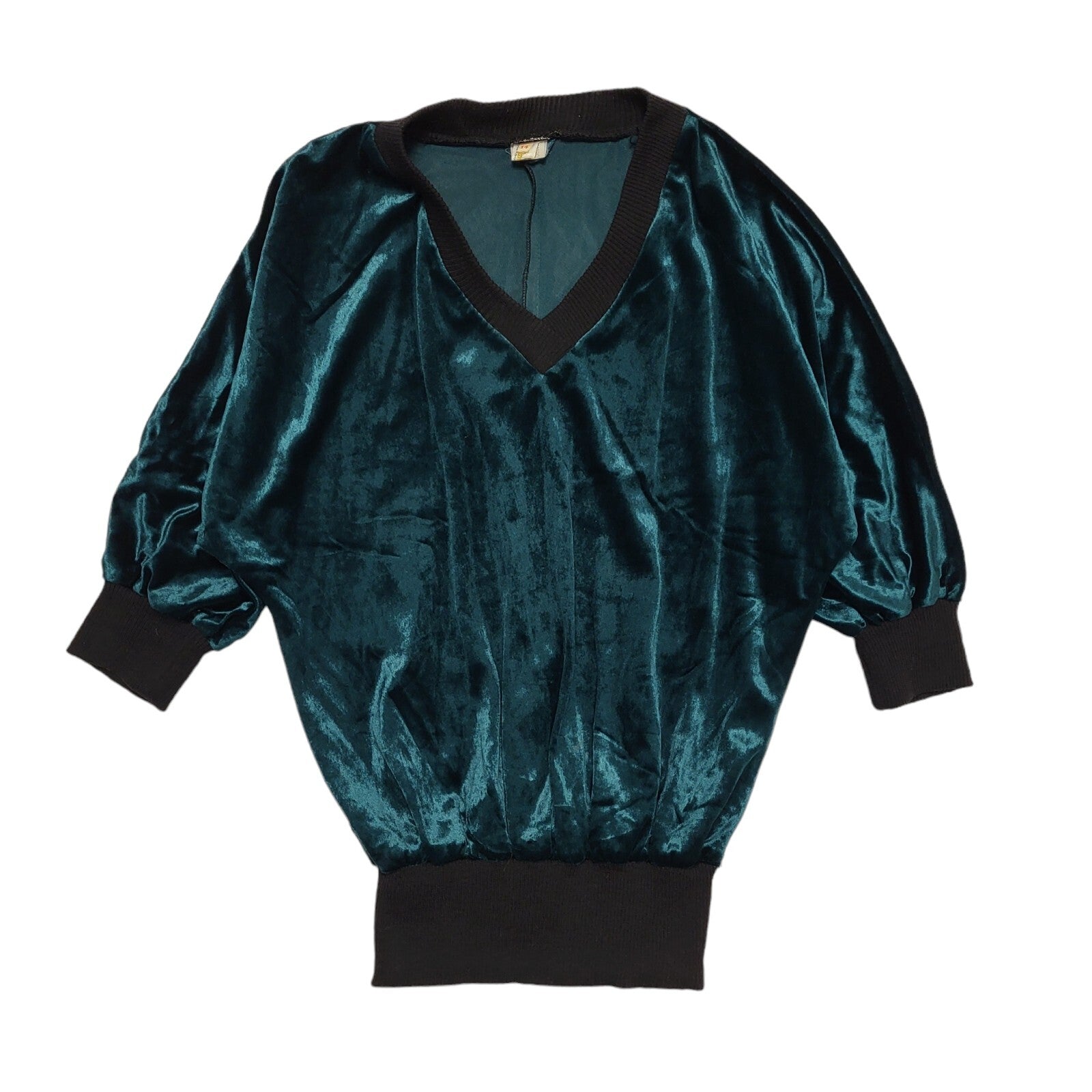 Shelana Vintage 80's Green Velour V-Neck 3/4 Sleeve Batwing Top Womens UK 14