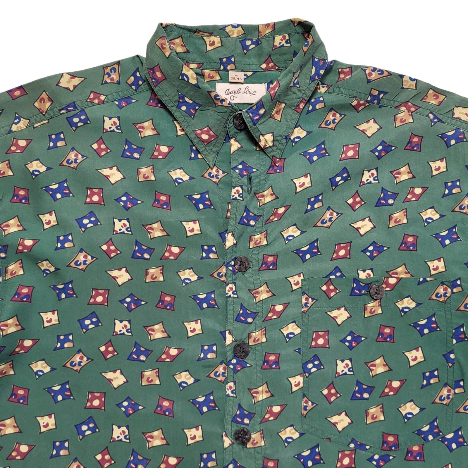 Angelo Litrico 90s Vintage Green Retro Abstract Silk Shirt Men's Size M