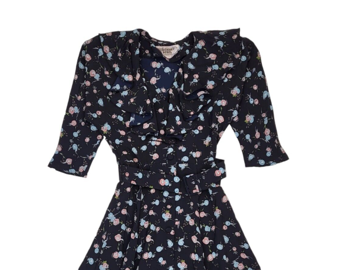 80s Vintage Cockney Rebel Black Floral Belted Daywear Dress Women's 12