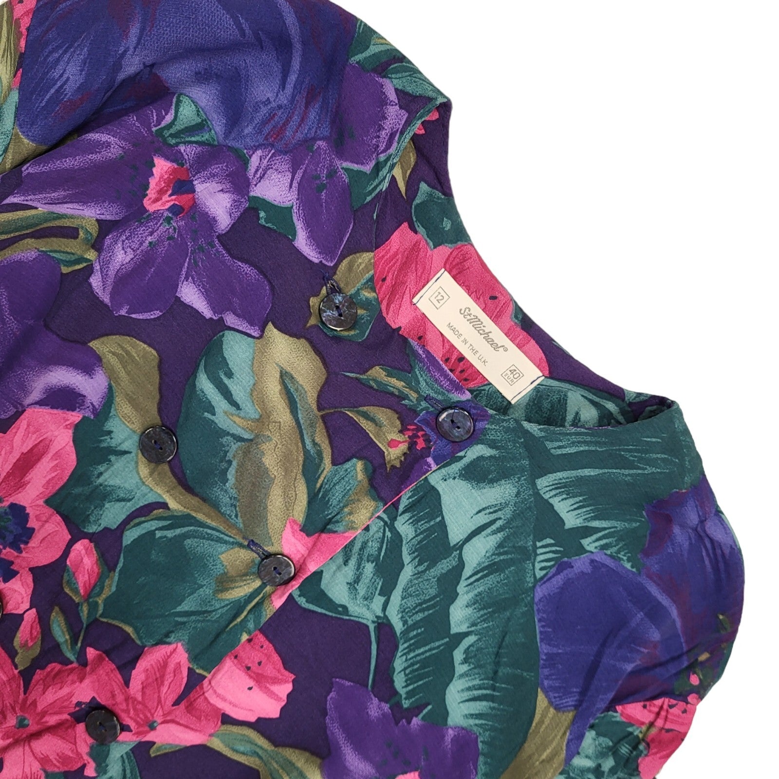 St Michael 80s Vintage Purple & Green Floral Daywear Dress Women's Size 12