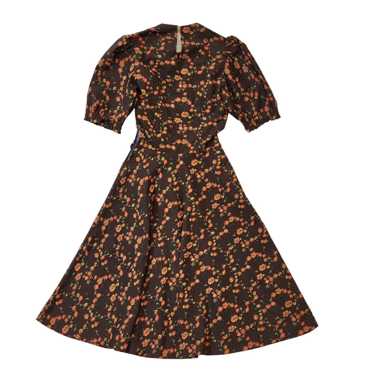 70s Vintage Brown Floral A-Line Dress Women's Size 4-6