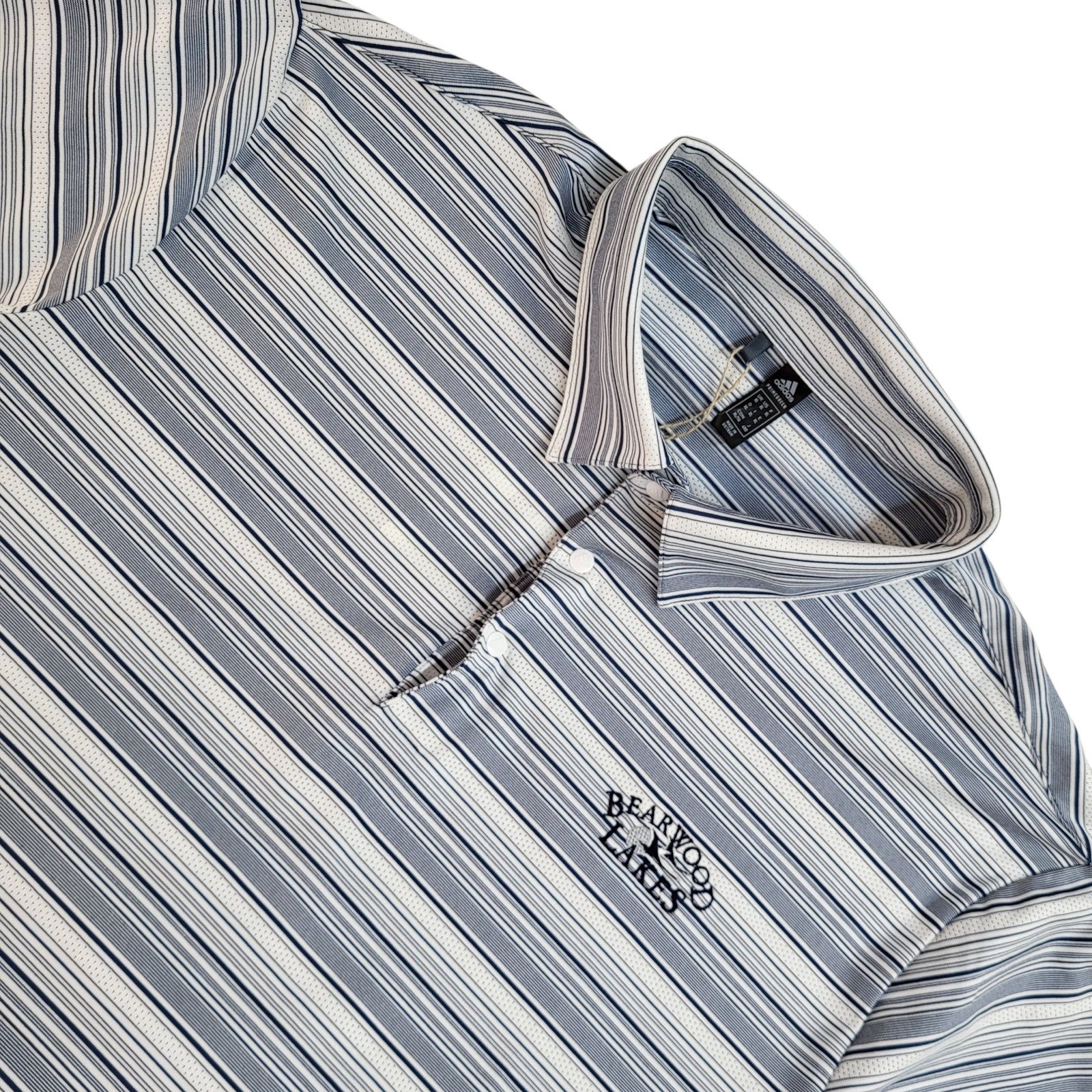 Adidas Bearwood Lakes White & Blue Striped Polo Shirt Uk Men's Size XL Bnwt