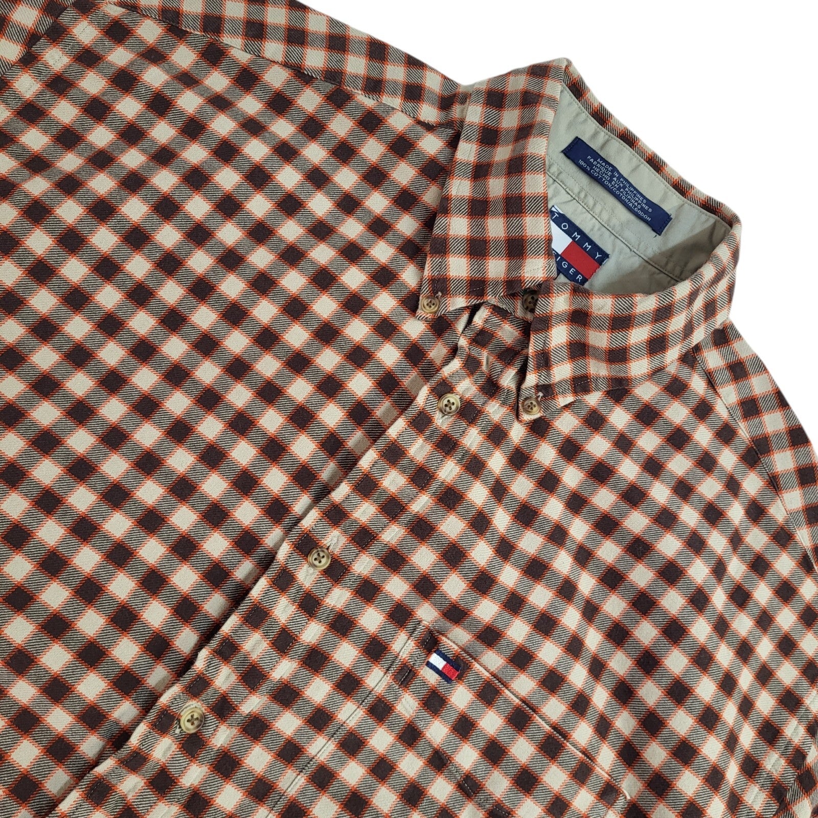 Tommy Hilfiger Y2k  Brown & Orange Check Long Sleeve Shirt Uk Men's Size Large