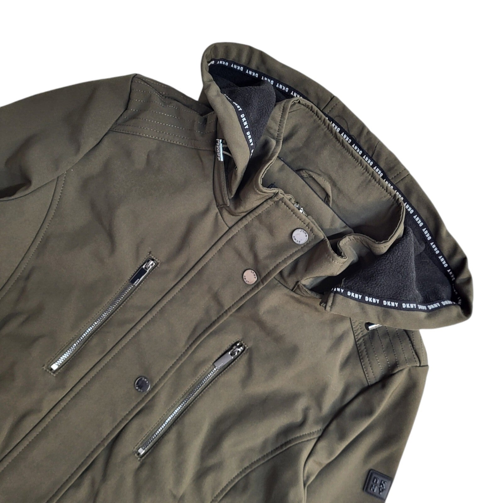 DKNY Vintage Y2k Green Hooded Zip & Snap Front Coat Women's UK L