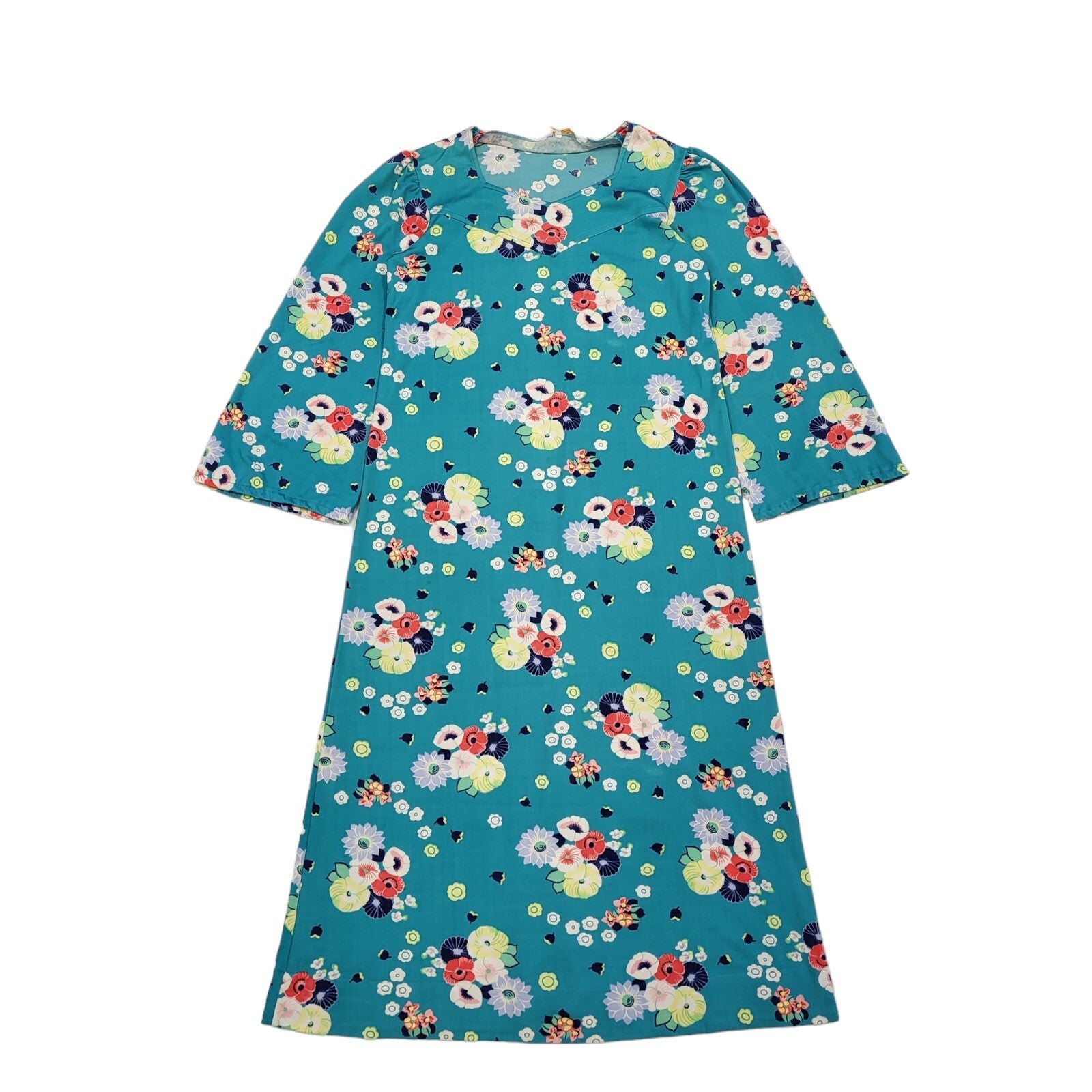 Rasurel 70s Teal Floral Midi Shift Dress Women's 14/16