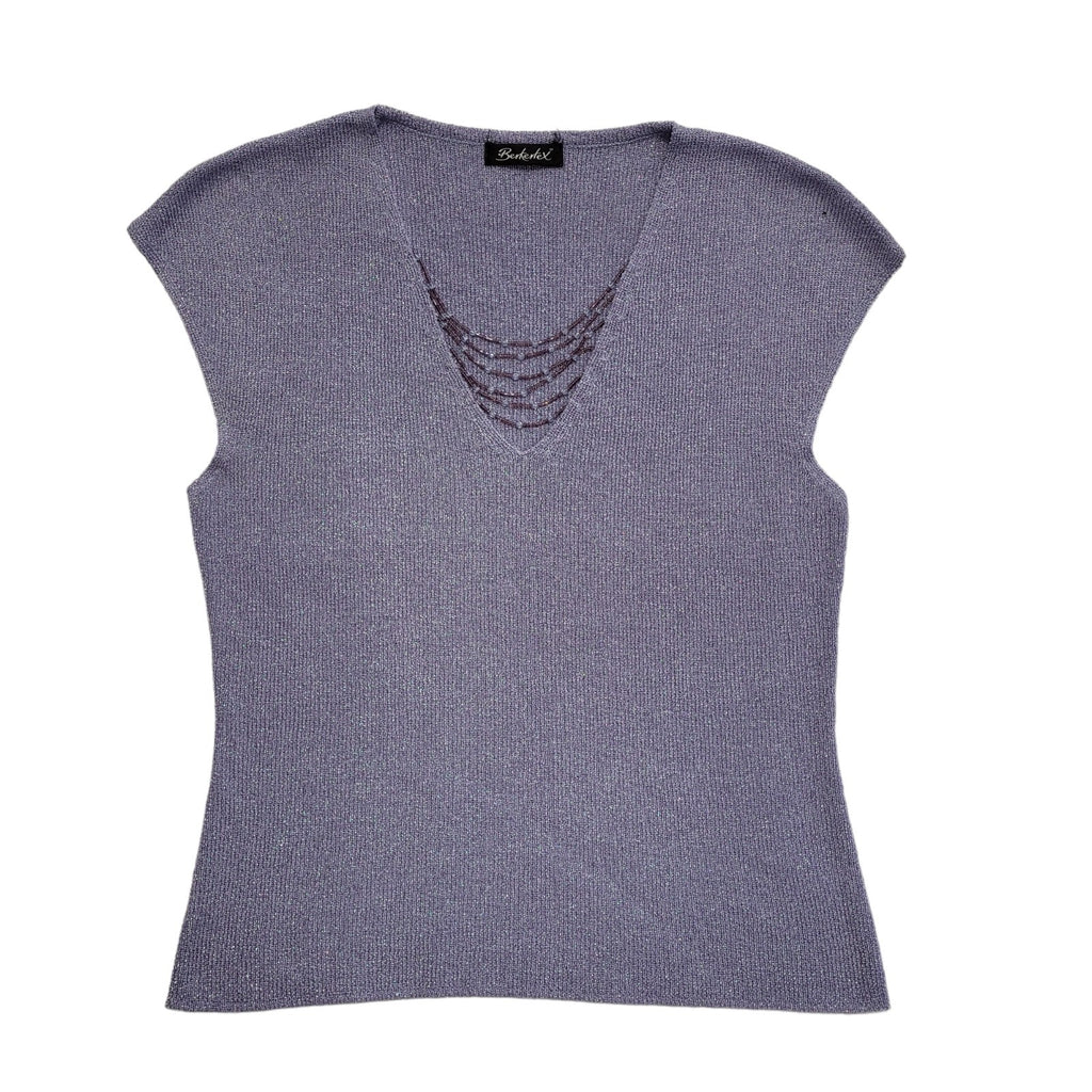 Berkertex Vintage 90's Purple Sparkly Beaded V-Neck Top Womens UK 14-16