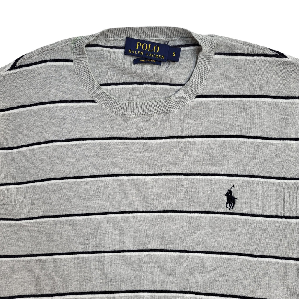 Polo Ralph Lauren Y2K Grey Striped Round Neck Long Sleeve Jumper Men's UK Size S