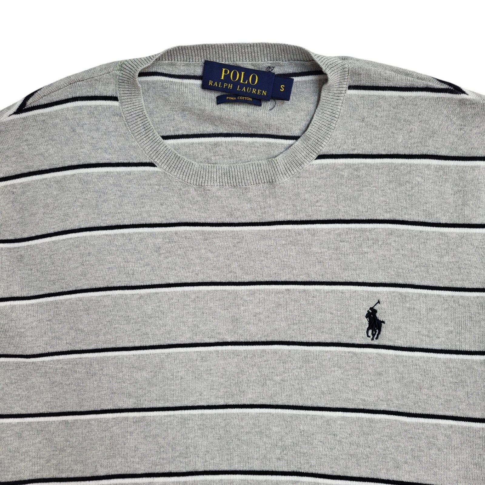 Polo Ralph Lauren Y2K Grey Striped Round Neck Long Sleeve Jumper Men's UK Size S