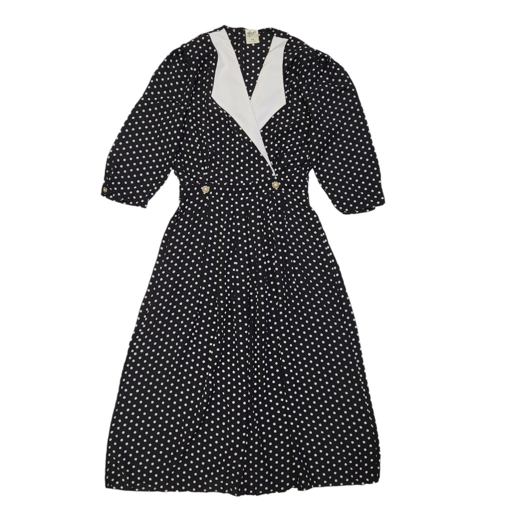 80s Vintage Black & White Polka Dot Collared Tea Dress Women's 14