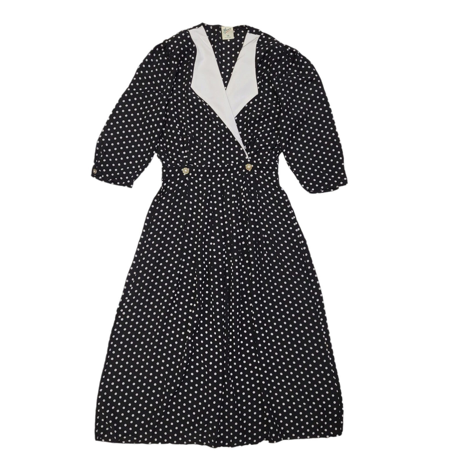 80s Vintage Black & White Polka Dot Collared Tea Dress Women's 14