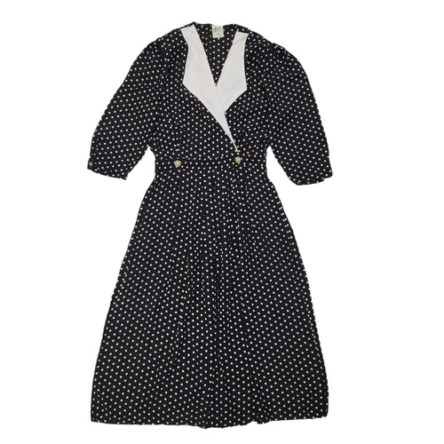 80s Vintage Black & White Polka Dot Collared Tea Dress Women's 14