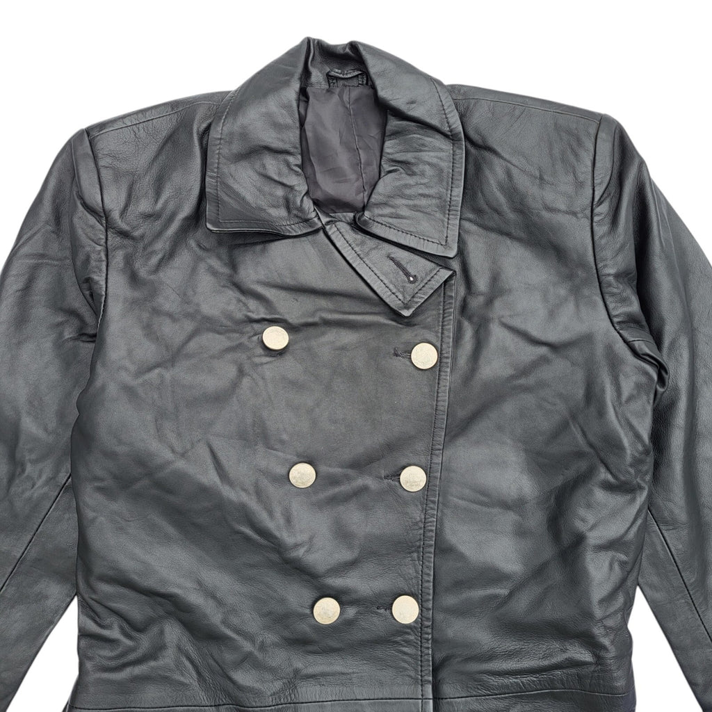 Vintage 90s Button Black Leather Coat UK Women's Size 14