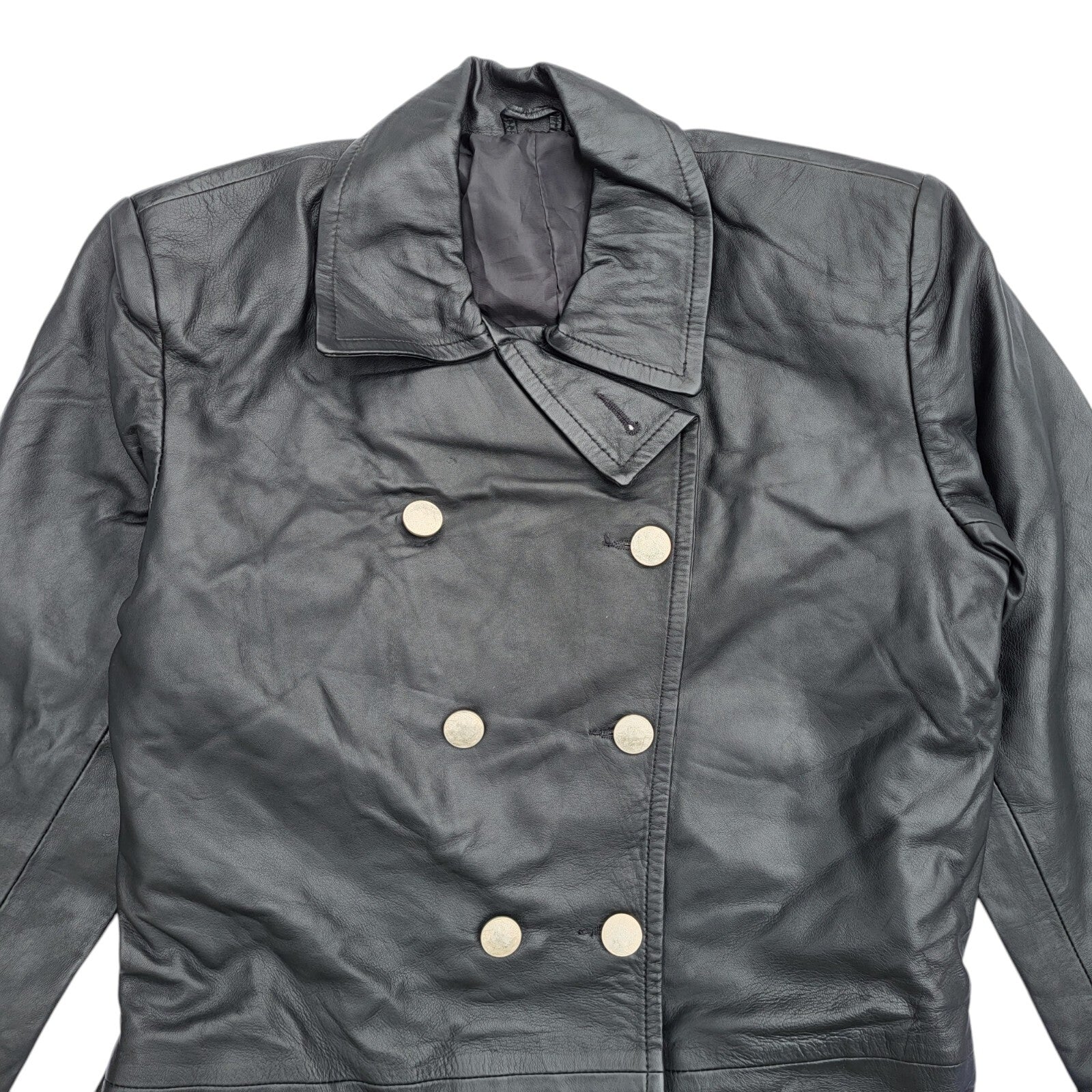 Vintage 90s Button Black Leather Coat UK Women's Size 14