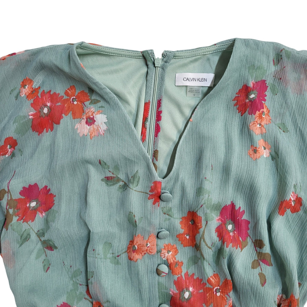Calvin Klein Green & Pink Floral V-Neck Short Sleeve Dress Women's UK Size 12