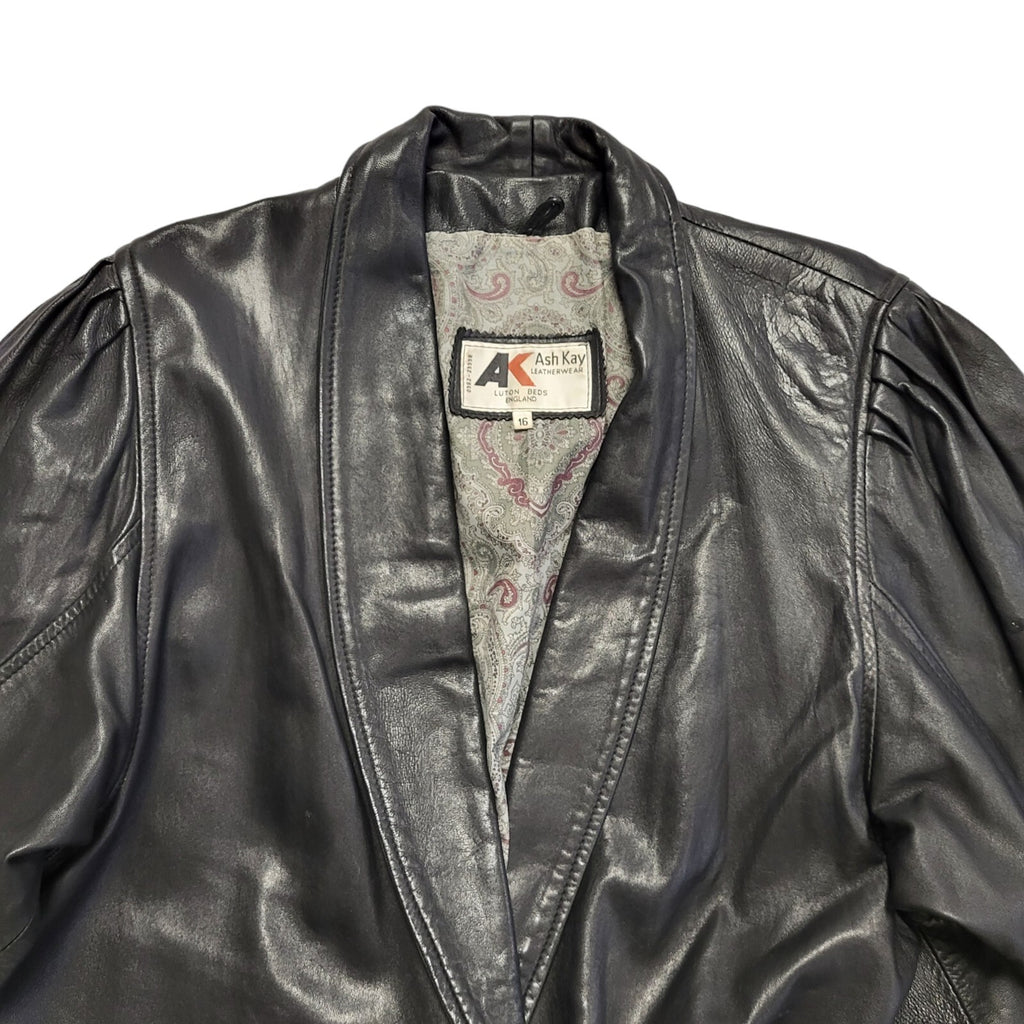 Ash Kay Vintage 80s Black Button Leather Jacket Uk Women's Size 16