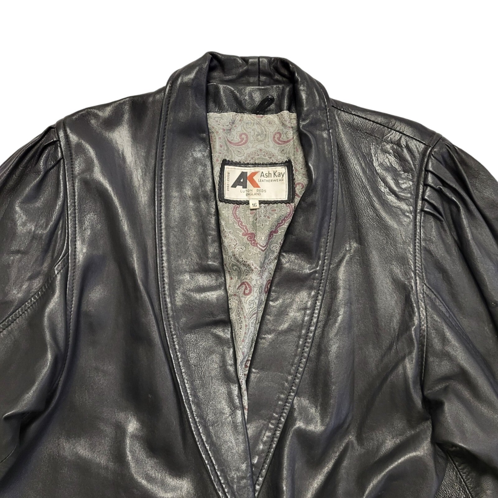 Ash Kay Vintage 80s Black Button Leather Jacket Uk Women's Size 16