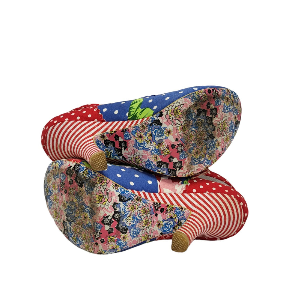 Vintage style Red Blue Floral T-bar Heels  Shoes Uk 4 Eu 36
