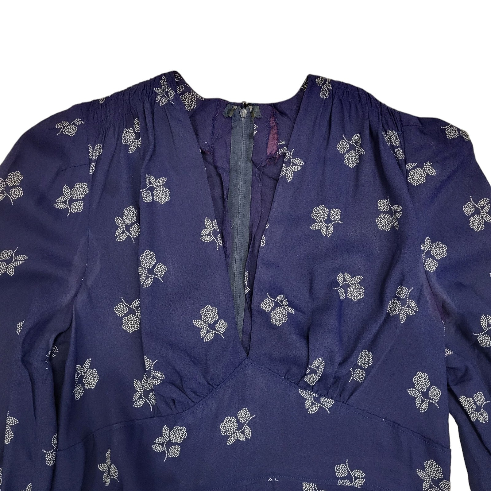 70s Vintage Navy & White V-Neck Long Sleeved Maxi Dress Women's 10