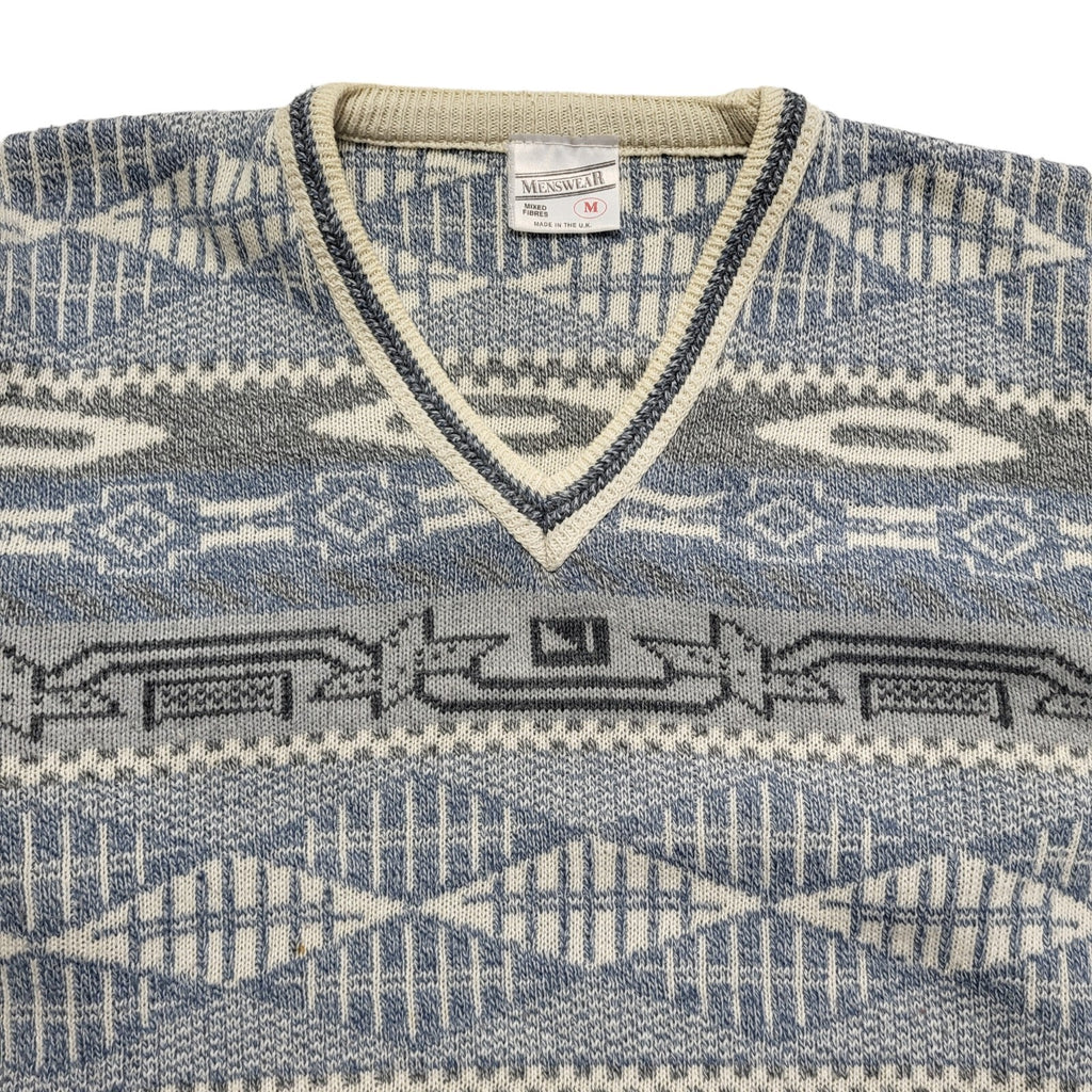 Menswear Vintage 80's Blue & White V-Neck Jumper Mens UK M