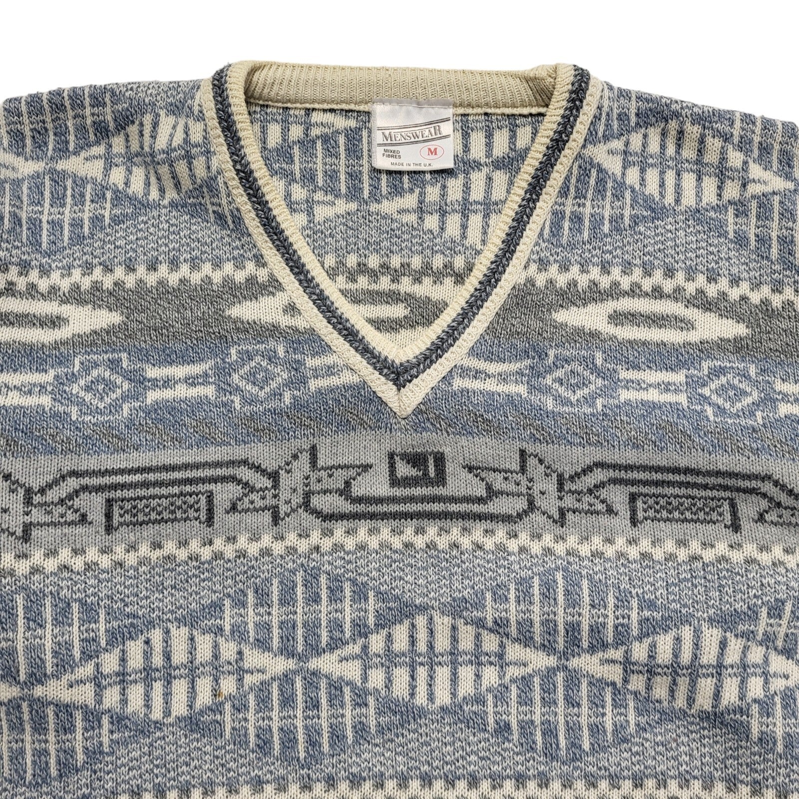 Menswear Vintage 80's Blue & White V-Neck Jumper Mens UK M