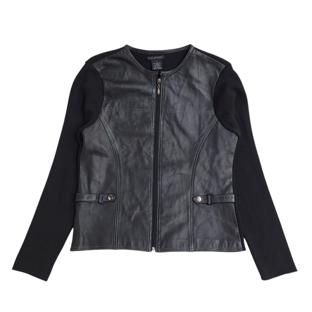 Escapade Black Round Neck Full Zip Leather Jacket 90s UK Women's Size M