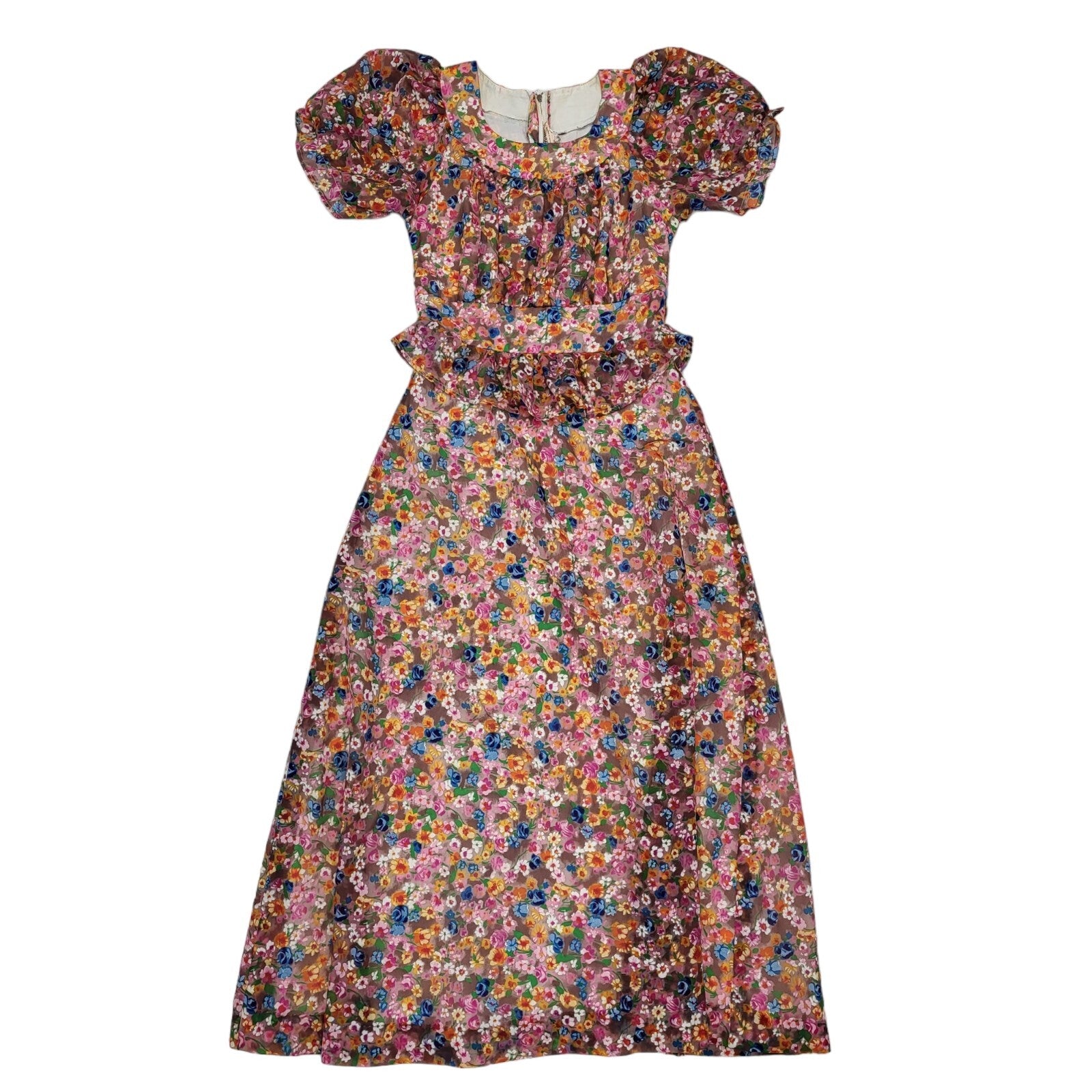 70s Vintage Louis Pink Blue Floral Dress Women's Size 8 Eu 36
