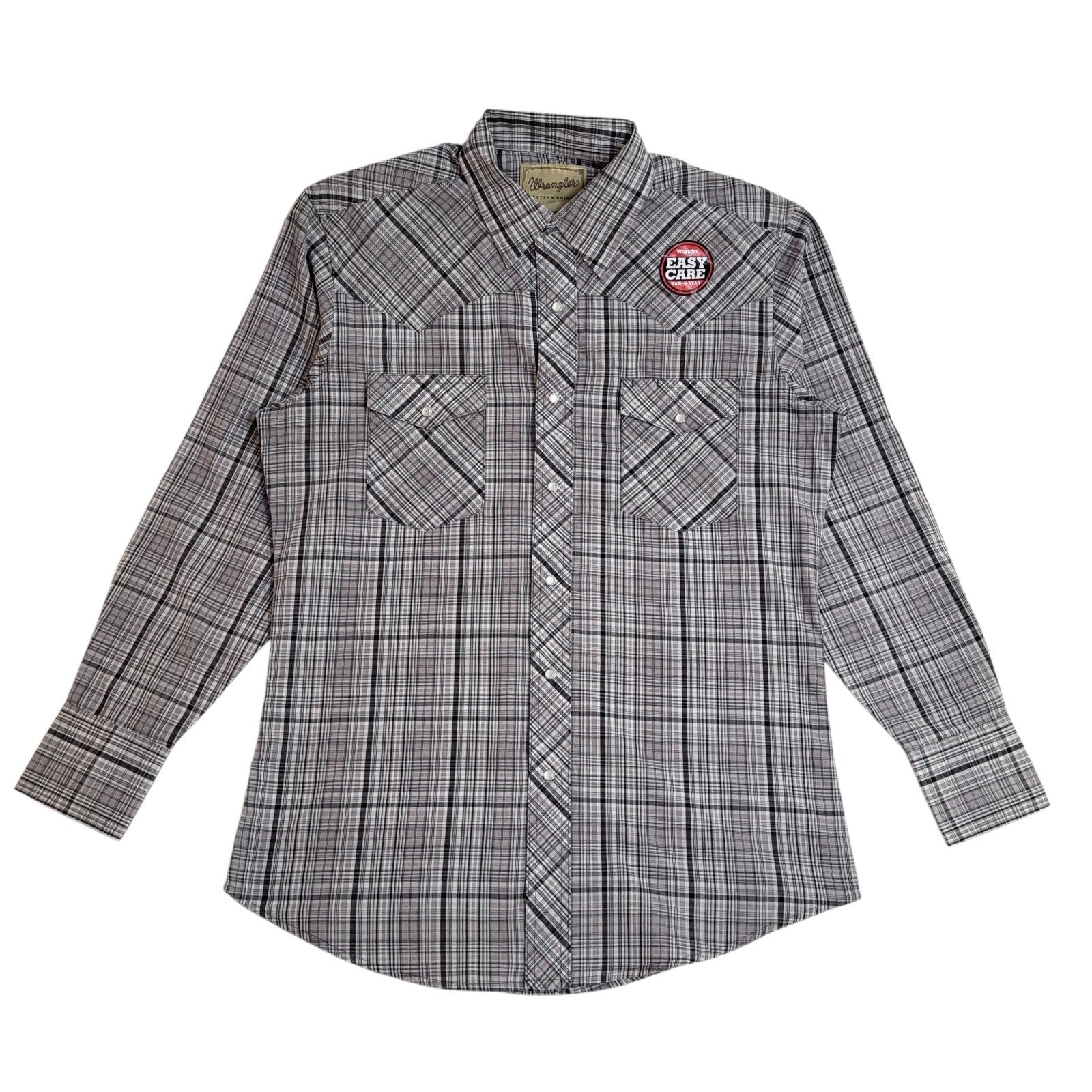 Wrangler 90's Grey Check Long Sleeve Pearl Snap Cowboy Shirt Men's UK Size M