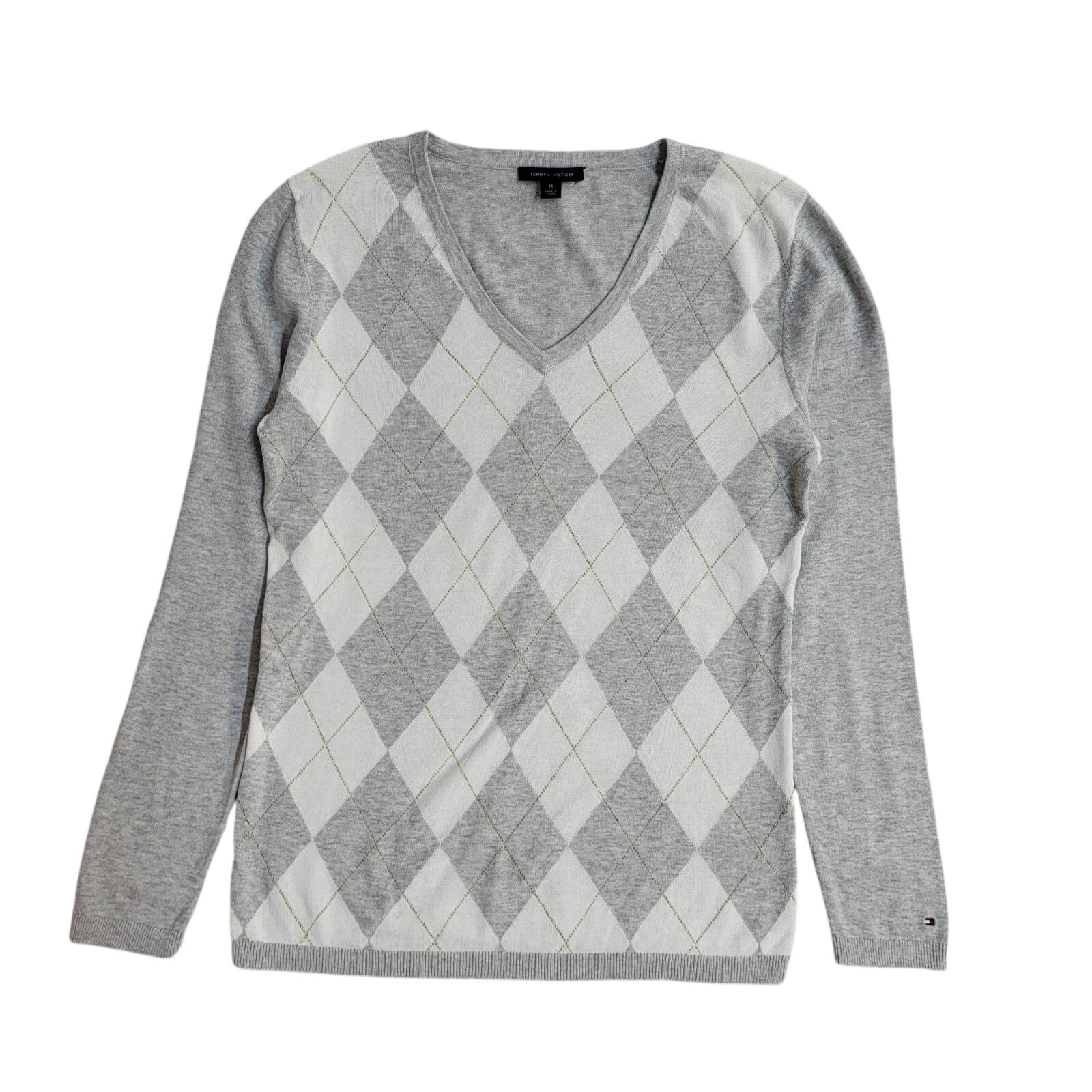 Tommy Hilfiger Y2K Grey & White Argyle V-Neck Jumper UK Women's Size M