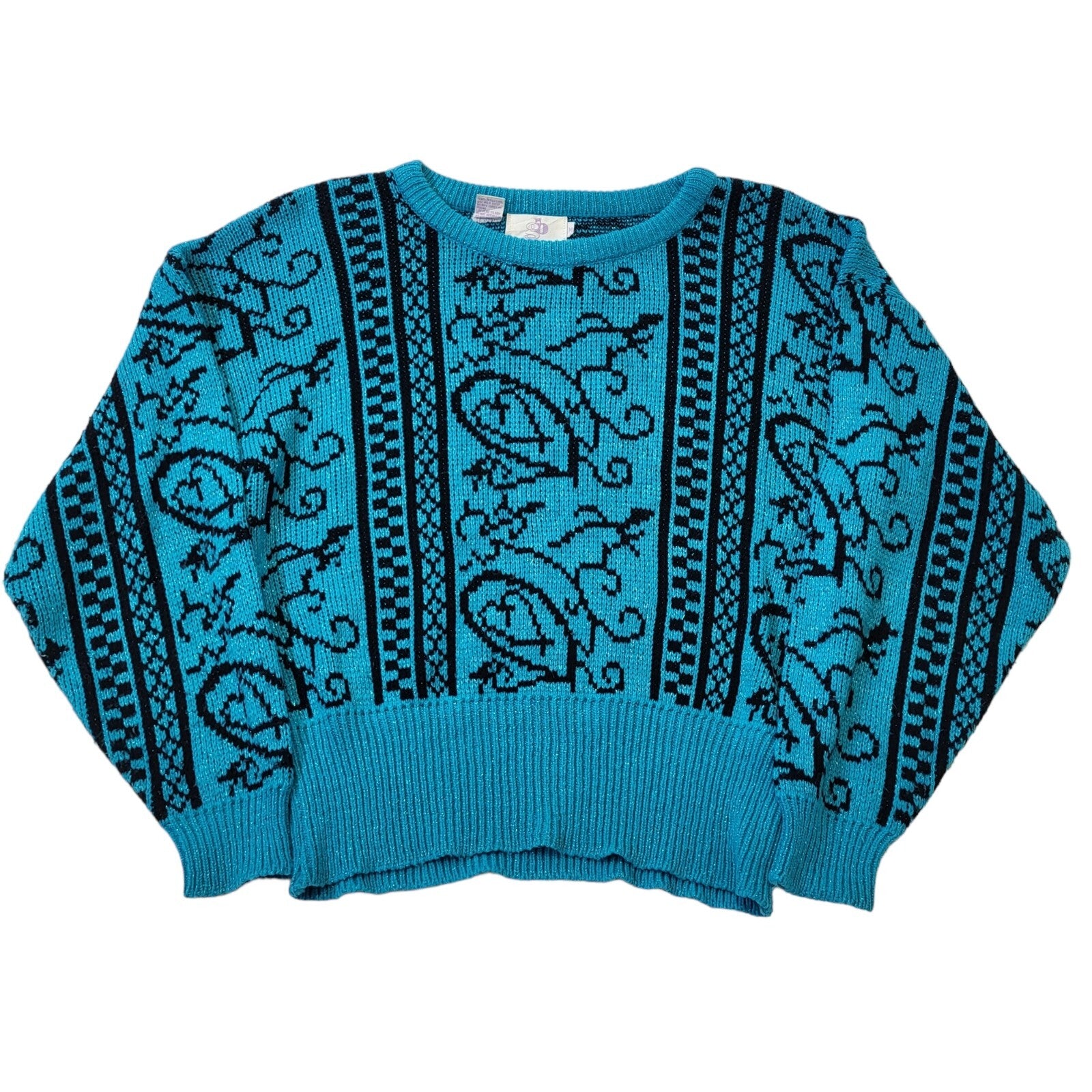 GB 80s Vintage Blue & Black Sparkle Retro Round Neck Jumper Women's Medium.