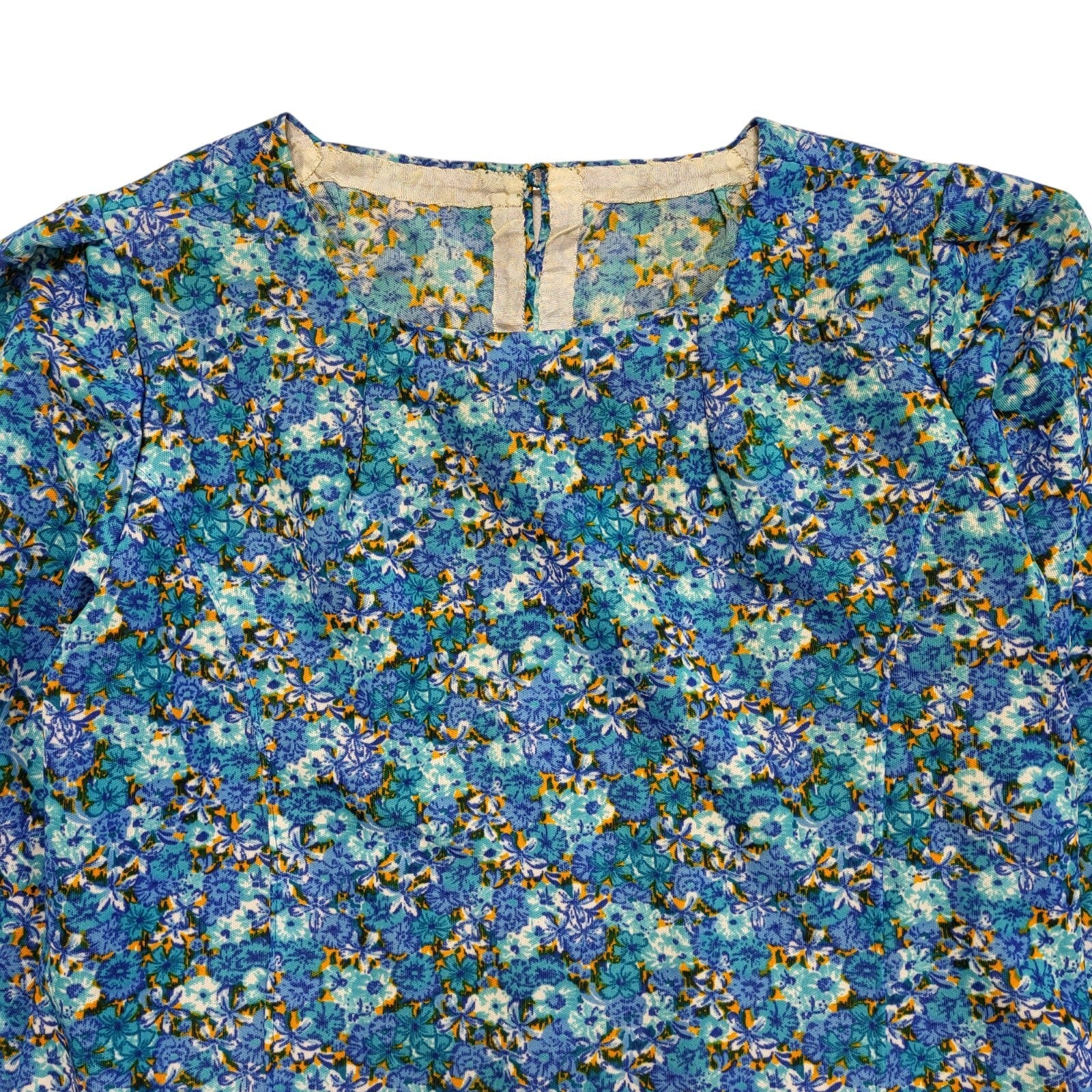 Vintage 70s Blue Long Sleeve Floran Shirt Daywear Dress Uk Women's Size 12
