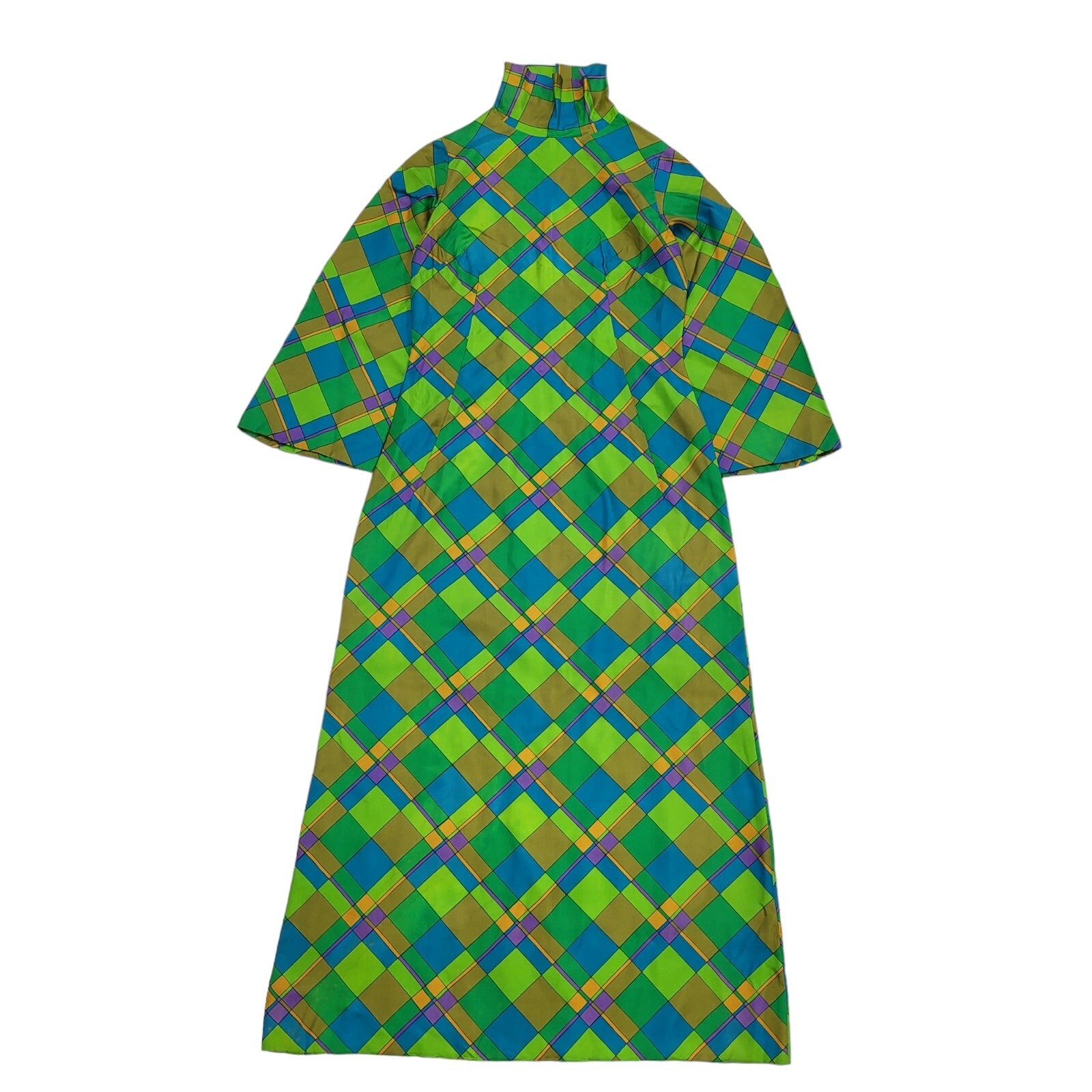 70s Vintage Green & Blue Geometric Zipped Shift Midi Dress Women's Size 10