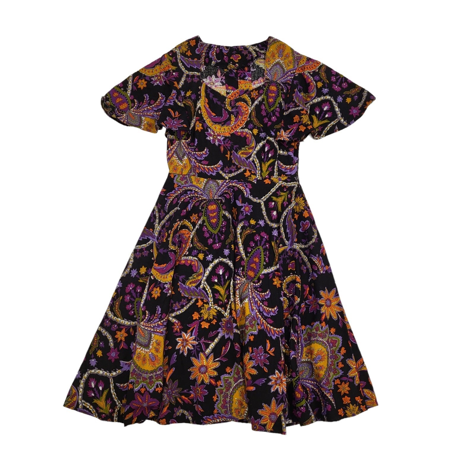 70s Vintage Black & Purple Short Flutter Sleeve Mini Dress Women's Size 10