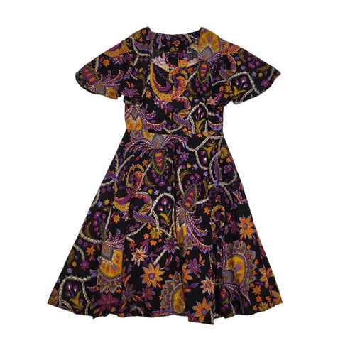 70s Vintage Black & Purple Short Flutter Sleeve Mini Dress Women's Size 10