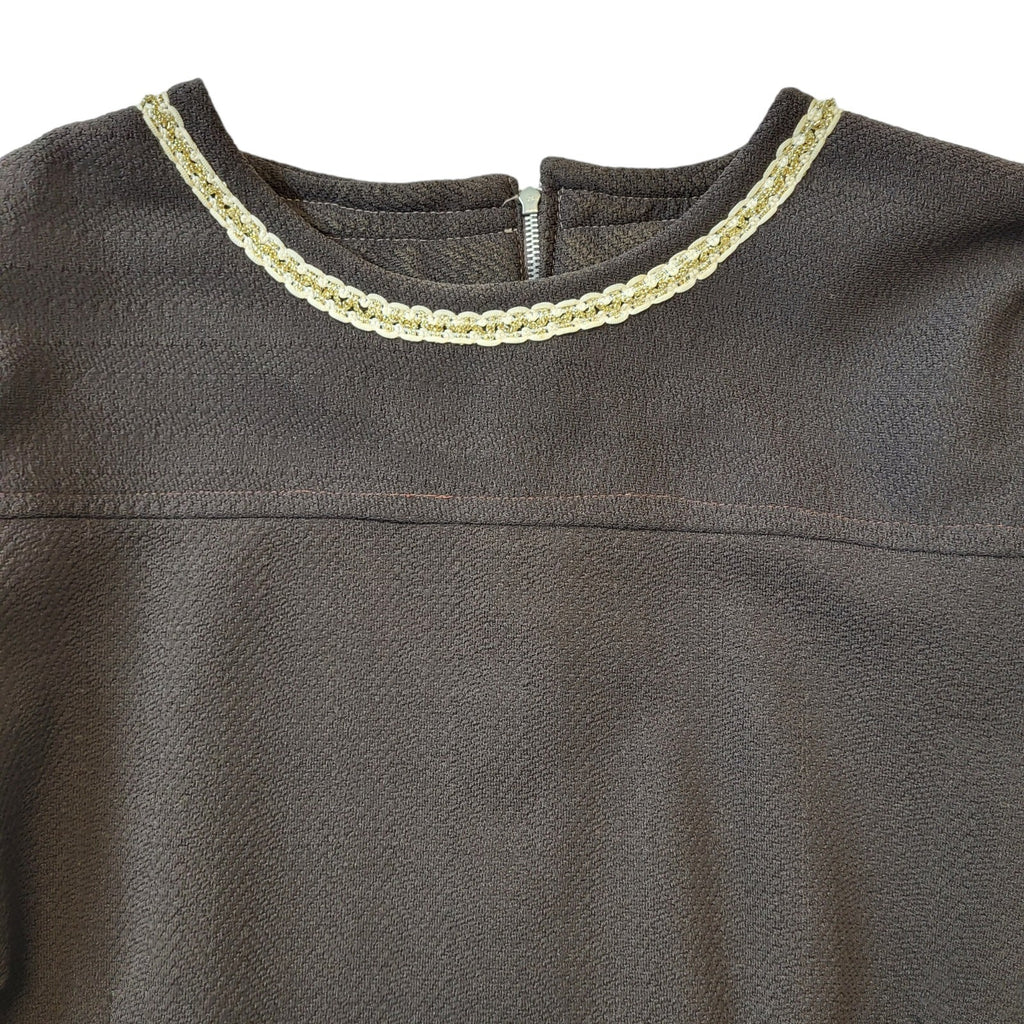 70s Vintage Brown Shift Dress With Gold Trim Women's Size 12