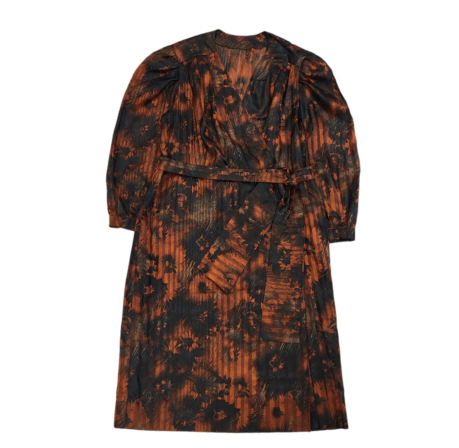 80s Vintage Copper Brown Floral Striped Belted Wrap  Dress Women's Size 16