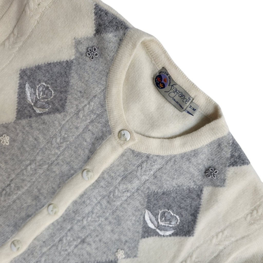 Fragrance Vintage 90's Cream & Grey Knitted Cardigan UK Women's Size S/M
