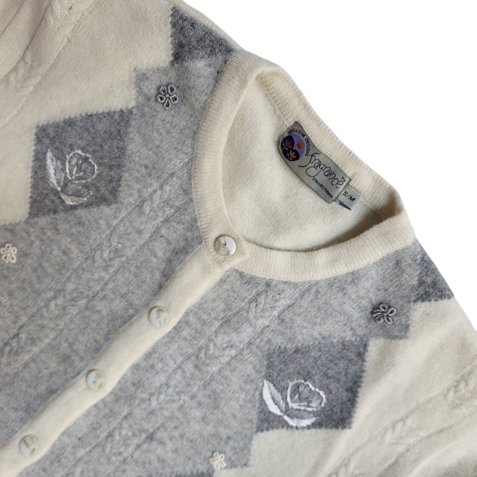 Fragrance Vintage 90's Cream & Grey Knitted Cardigan UK Women's Size S/M