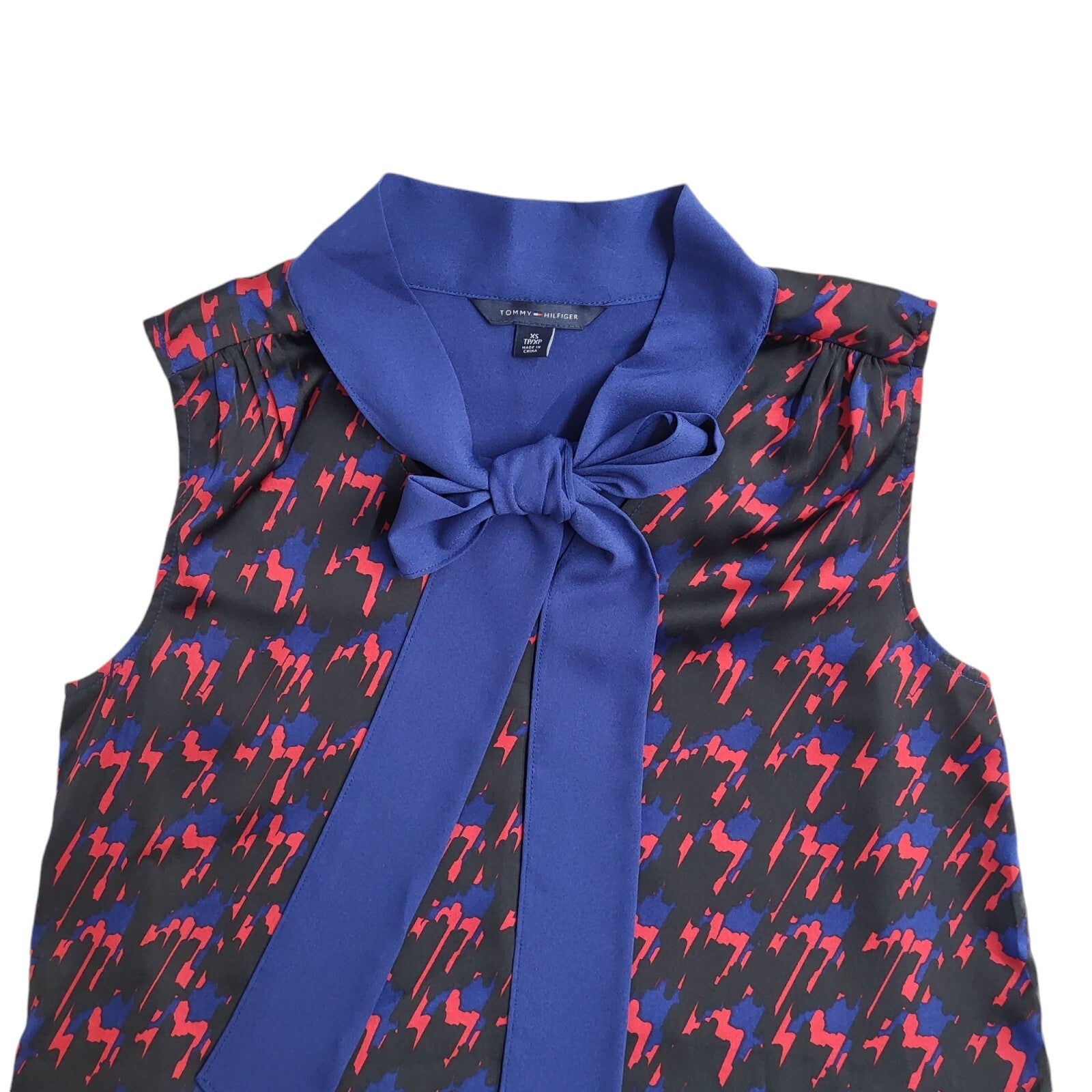 Tommy Hilfiger Blue, Black & Red Sleeveless Tie Neck Top Women's UK Size XS