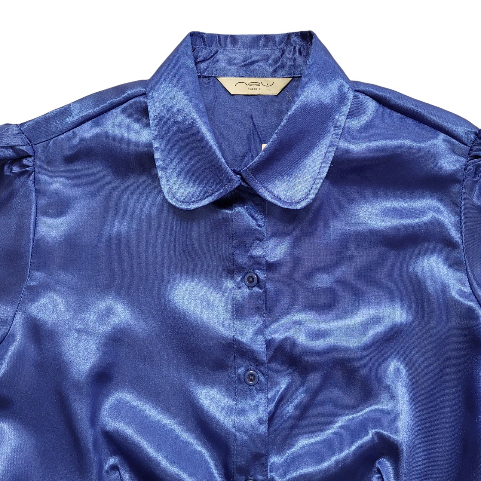 New Look Vintage Y2K Blue Belted Satin Short Sleeve Womens Shirt BNWT Size 12
