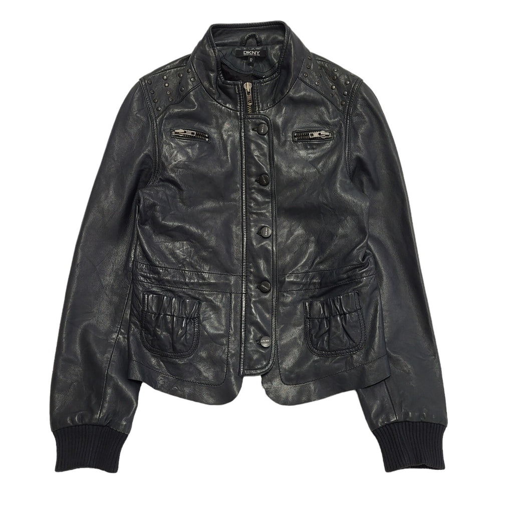 DKNY Black Y2K Vintage Zipped Leather Jacket Uk Girl's Age 12 Yrs